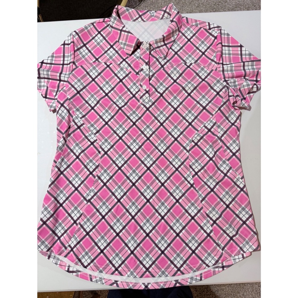 Womens Pink Plaid Short Sleeve Golf Polo Shirt Athletic Performance Top